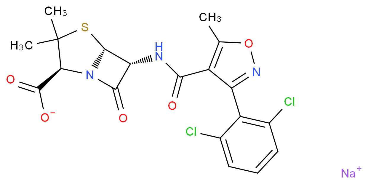 sodium (2S,5R,6R)-6-[3-(2,6-dichlorophenyl)-5-methyl-1,2-oxazole-4-amido]-3,3-dimethyl-7-oxo-4-thia-1-azabicyclo[3.2.0]heptane-2-carboxylate_分子结构_CAS_13412-64-1