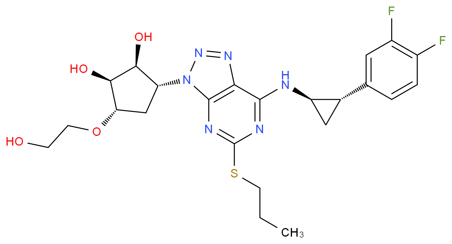 (1S,2S,3R,5S)-3-(7-{[(1R,2S)-2-(3,4-difluorophenyl)cyclopropyl]amino}-5-(propylsulfanyl)-3H-[1,2,3]triazolo[4,5-d]pyrimidin-3-yl)-5-(2-hydroxyethoxy)cyclopentane-1,2-diol_分子结构_CAS_274693-27-5