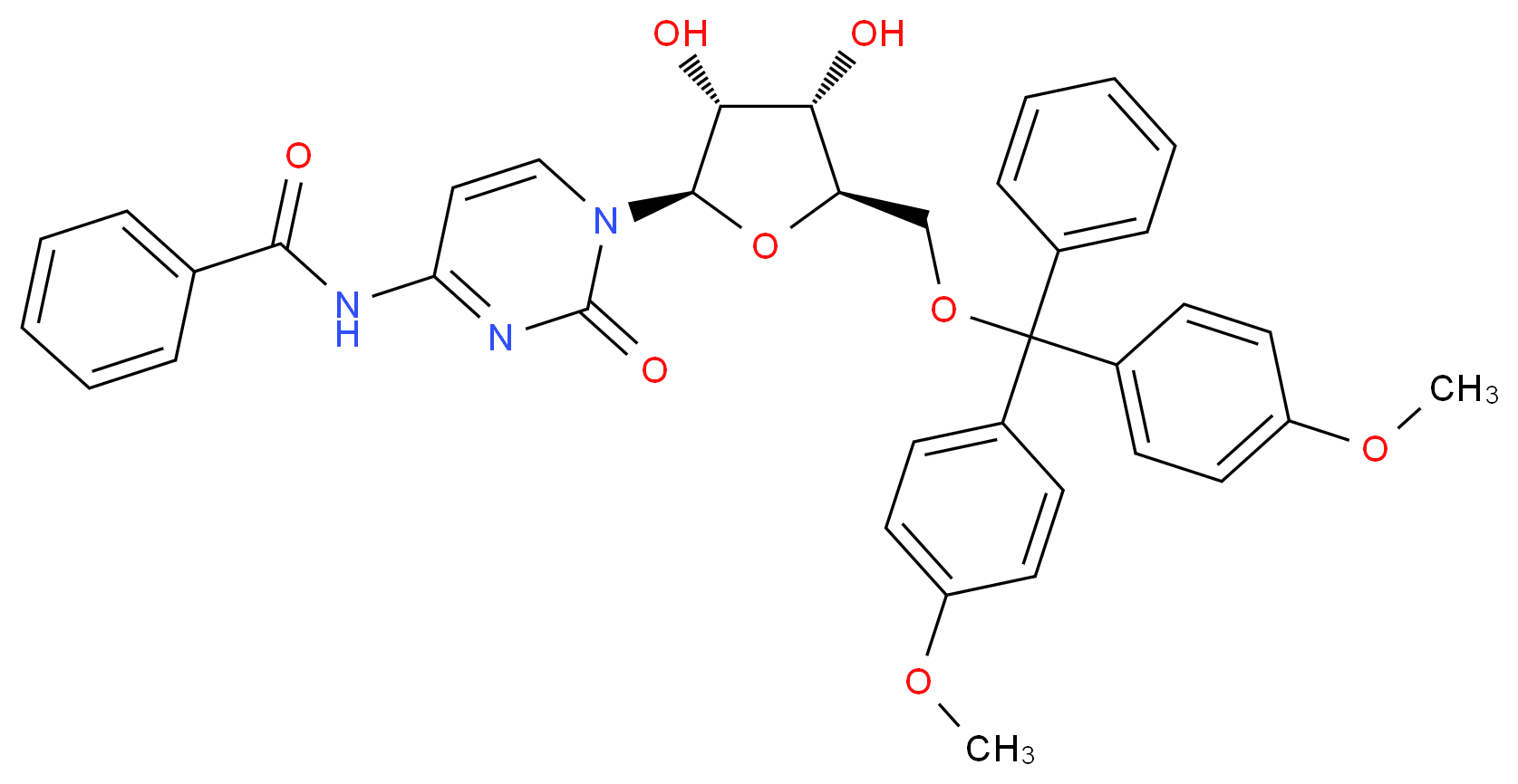 N-{1-[(2R,3R,4S,5R)-5-{[bis(4-methoxyphenyl)(phenyl)methoxy]methyl}-3,4-dihydroxyoxolan-2-yl]-2-oxo-1,2-dihydropyrimidin-4-yl}benzamide_分子结构_CAS_81246-76-6