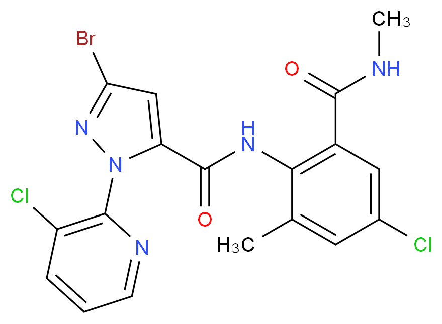 3-bromo-N-[4-chloro-2-methyl-6-(methylcarbamoyl)phenyl]-1-(3-chloropyridin-2-yl)-1H-pyrazole-5-carboxamide_分子结构_CAS_500008-45-7