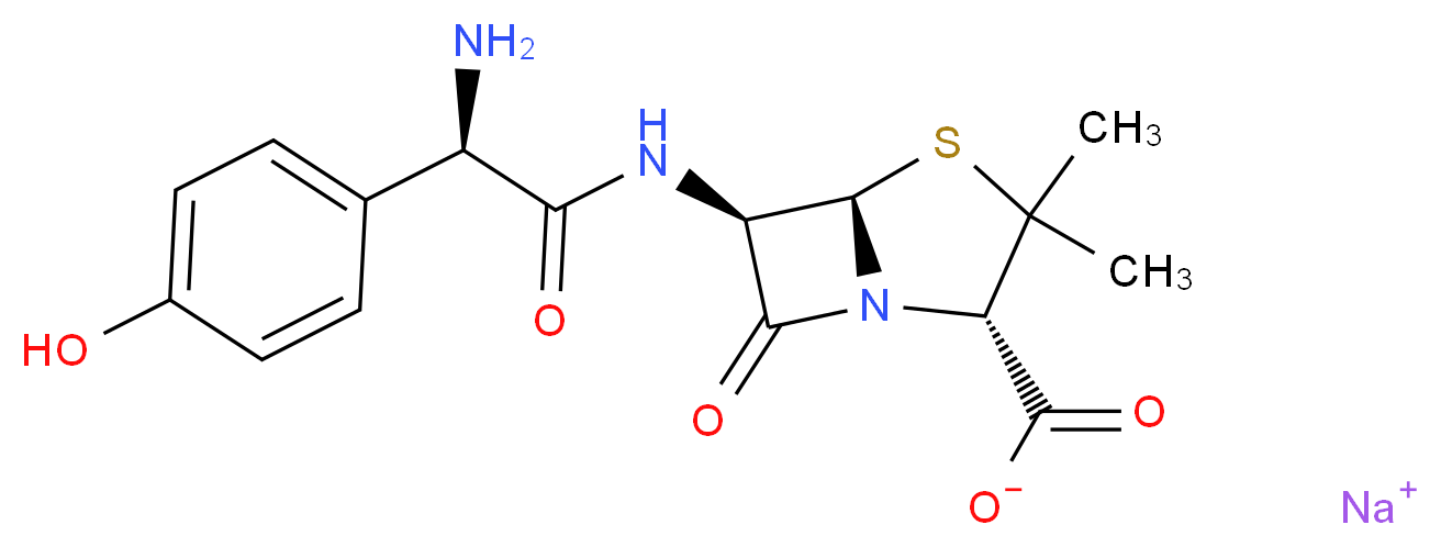 sodium (2S,5R,6R)-6-[(2R)-2-amino-2-(4-hydroxyphenyl)acetamido]-3,3-dimethyl-7-oxo-4-thia-1-azabicyclo[3.2.0]heptane-2-carboxylate_分子结构_CAS_34642-77-8