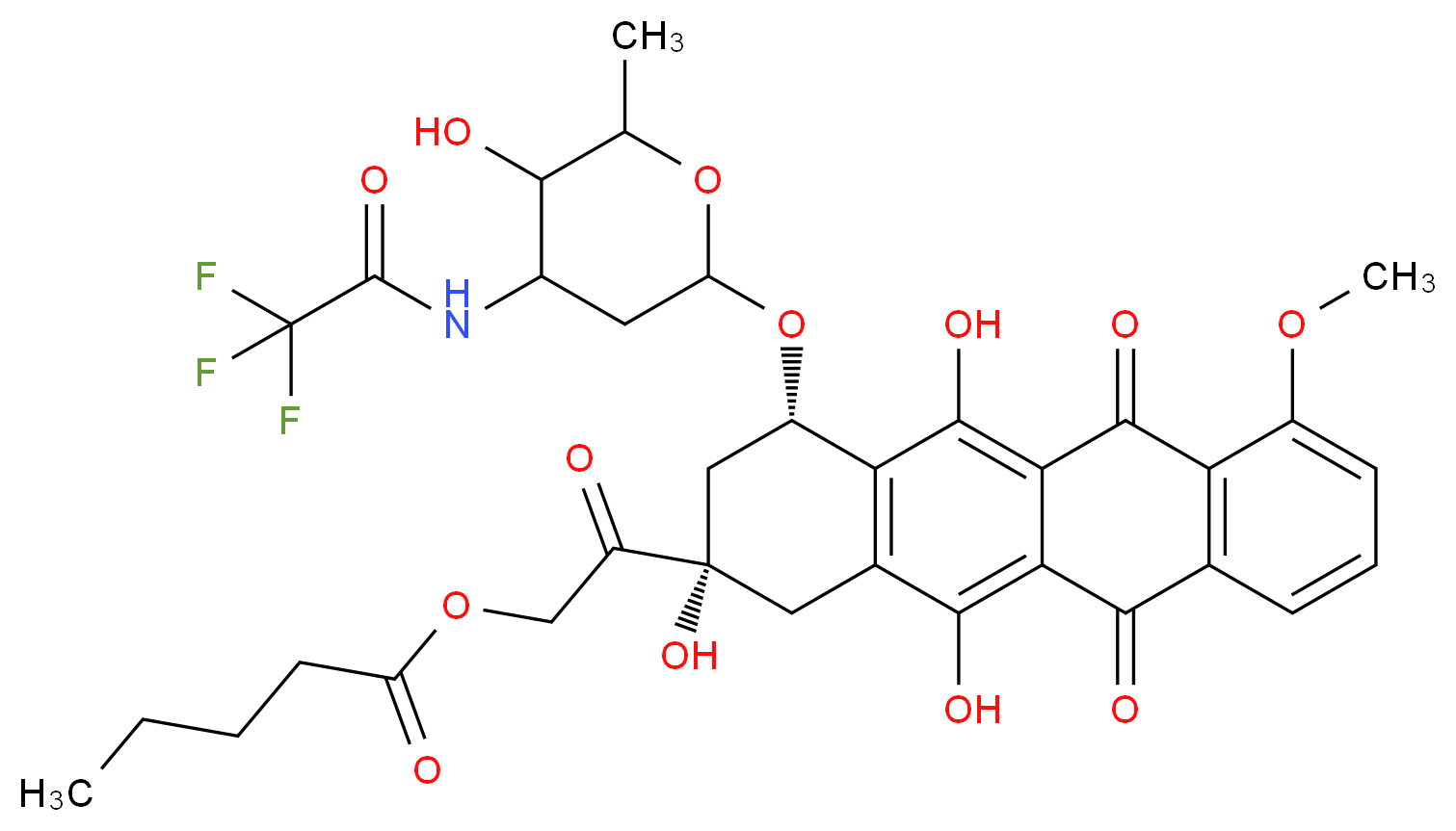 2-oxo-2-[(2S,4S)-2,5,12-trihydroxy-4-{[5-hydroxy-6-methyl-4-(trifluoroacetamido)oxan-2-yl]oxy}-7-methoxy-6,11-dioxo-1,2,3,4,6,11-hexahydrotetracen-2-yl]ethyl pentanoate_分子结构_CAS_56124-62-0