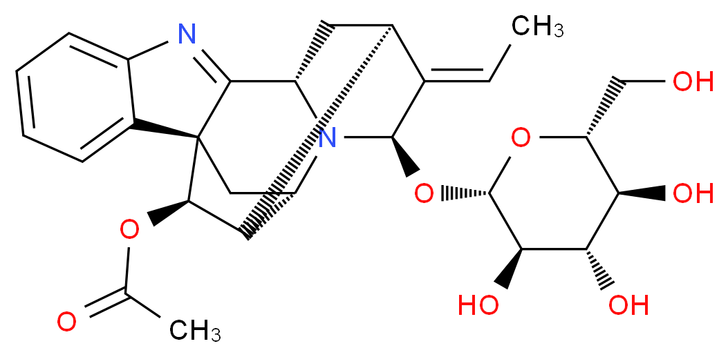 (1R,10S,12R,13E,14R,16S,18R)-13-ethylidene-14-{[(2S,3R,4S,5S,6R)-3,4,5-trihydroxy-6-(hydroxymethyl)oxan-2-yl]oxy}-8,15-diazahexacyclo[14.2.1.0<sup>1</sup>,<sup>9</sup>.0<sup>2</sup>,<sup>7</sup>.0<sup>1</sup><sup>0</sup>,<sup>1</sup><sup>5</sup>.0<sup>1</sup><sup>2</sup>,<sup>1</sup><sup>7</sup>]nonadeca-2,4,6,8-tetraen-18-yl acetate_分子结构_CAS_31282-07-2