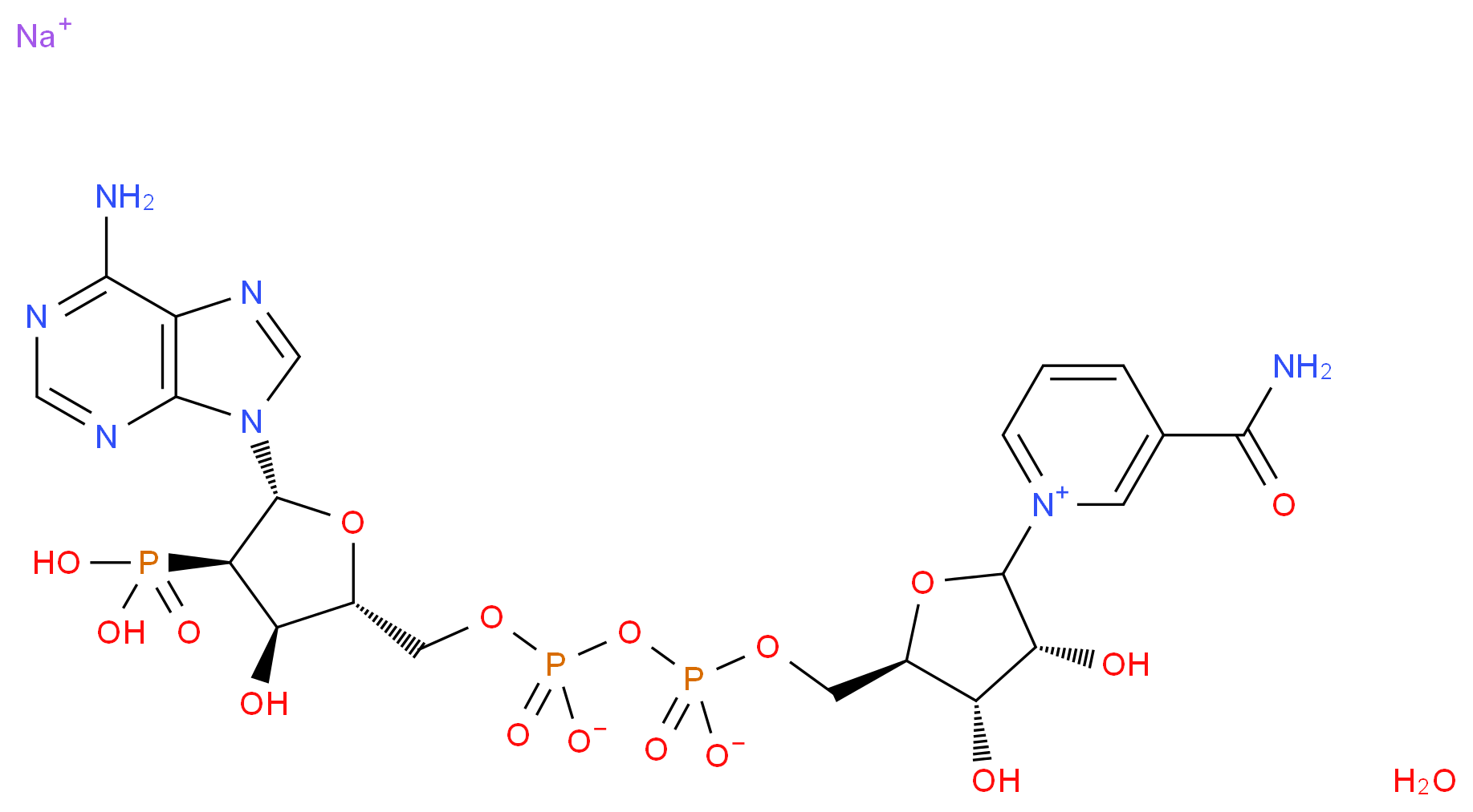 sodium 1-[(3R,4S,5R)-5-({[({[(2R,3R,4R,5R)-5-(6-amino-9H-purin-9-yl)-3-hydroxy-4-phosphonooxolan-2-yl]methyl phosphonato}oxy)phosphinato]oxy}methyl)-3,4-dihydroxyoxolan-2-yl]-3-carbamoyl-1λ<sup>5</sup>-pyridin-1-ylium hydrate_分子结构_CAS_1184-16-3