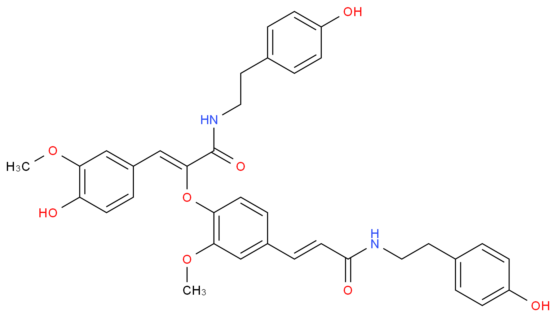 (2Z)-3-(4-hydroxy-3-methoxyphenyl)-N-[2-(4-hydroxyphenyl)ethyl]-2-{4-[(1E)-2-{[2-(4-hydroxyphenyl)ethyl]carbamoyl}eth-1-en-1-yl]-2-methoxyphenoxy}prop-2-enamide_分子结构_CAS_163136-19-4