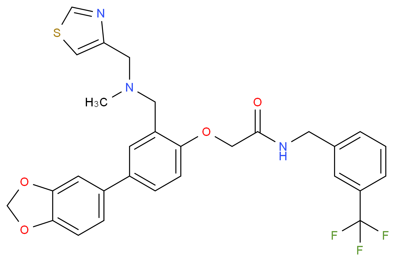 2-(4-(1,3-benzodioxol-5-yl)-2-{[methyl(1,3-thiazol-4-ylmethyl)amino]methyl}phenoxy)-N-[3-(trifluoromethyl)benzyl]acetamide_分子结构_CAS_)
