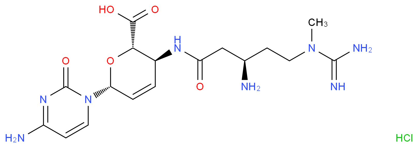 (2S,3S,6R)-6-(4-amino-2-oxo-1,2-dihydropyrimidin-1-yl)-3-[(3R)-3-amino-5-(1-methylcarbamimidamido)pentanamido]-3,6-dihydro-2H-pyran-2-carboxylic acid hydrochloride_分子结构_CAS_3513-03-9