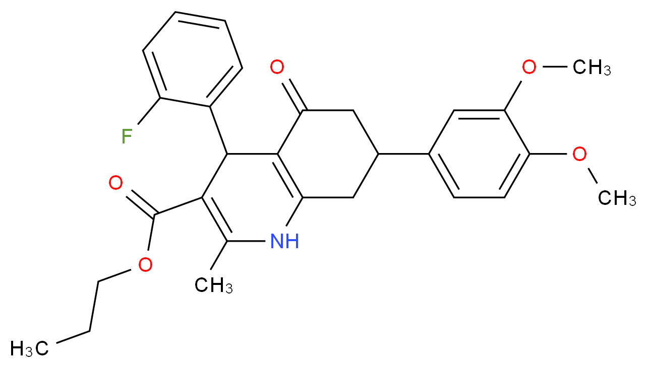 propyl 7-(3,4-dimethoxyphenyl)-4-(2-fluorophenyl)-2-methyl-5-oxo-1,4,5,6,7,8-hexahydroquinoline-3-carboxylate_分子结构_CAS_421571-66-6