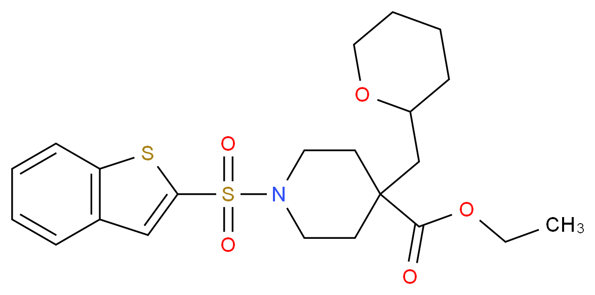 ethyl 1-(1-benzothien-2-ylsulfonyl)-4-(tetrahydro-2H-pyran-2-ylmethyl)-4-piperidinecarboxylate_分子结构_CAS_)