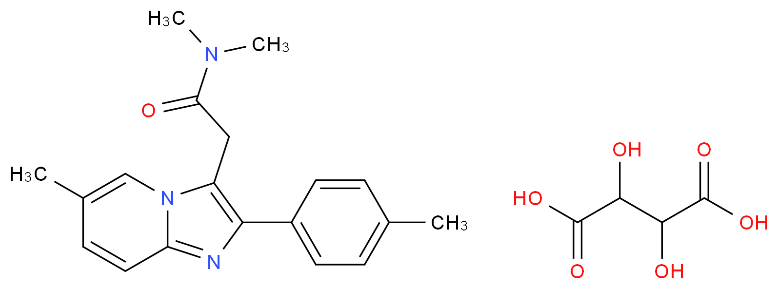 2,3-dihydroxybutanedioic acid; N,N-dimethyl-2-[6-methyl-2-(4-methylphenyl)imidazo[1,2-a]pyridin-3-yl]acetamide_分子结构_CAS_103188-50-7