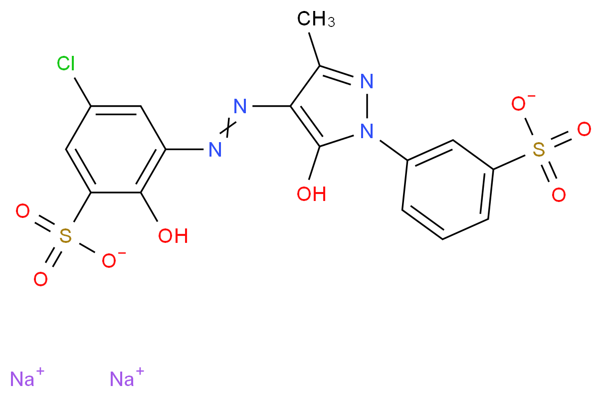 disodium 5-chloro-2-hydroxy-3-{2-[5-hydroxy-3-methyl-1-(3-sulfonatophenyl)-1H-pyrazol-4-yl]diazen-1-yl}benzene-1-sulfonate_分子结构_CAS_6408-31-7