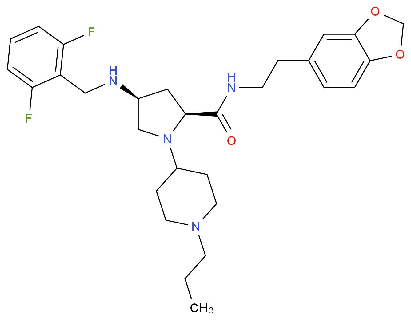 (4S)-N-[2-(1,3-benzodioxol-5-yl)ethyl]-4-[(2,6-difluorobenzyl)amino]-1-(1-propyl-4-piperidinyl)-L-prolinamide_分子结构_CAS_)