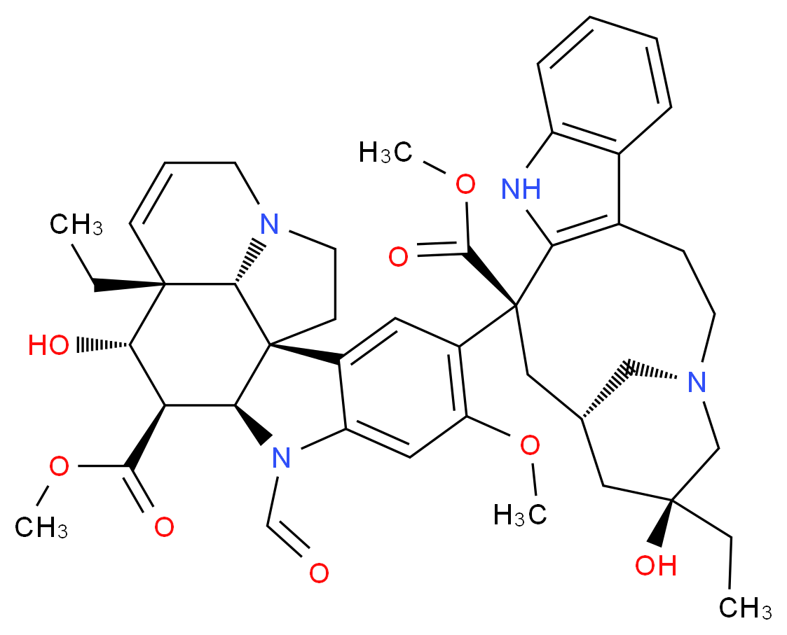 methyl (1S,9S,10R,11S,12R,19R)-12-ethyl-4-[(13S,15S,17S)-17-ethyl-17-hydroxy-13-(methoxycarbonyl)-1,11-diazatetracyclo[13.3.1.0<sup>4</sup>,<sup>1</sup><sup>2</sup>.0<sup>5</sup>,<sup>1</sup><sup>0</sup>]nonadeca-4(12),5,7,9-tetraen-13-yl]-8-formyl-11-hydroxy-5-methoxy-8,16-diazapentacyclo[10.6.1.0<sup>1</sup>,<sup>9</sup>.0<sup>2</sup>,<sup>7</sup>.0<sup>1</sup><sup>6</sup>,<sup>1</sup><sup>9</sup>]nonadeca-2(7),3,5,13-tetraene-10-carboxylate_分子结构_CAS_99435-53-7