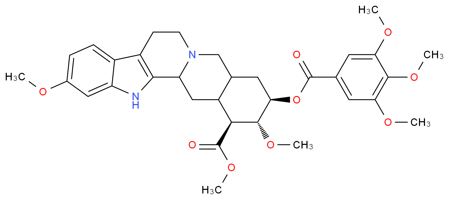 methyl (17R,18R,19S)-6,18-dimethoxy-17-(3,4,5-trimethoxybenzoyloxy)-3,13-diazapentacyclo[11.8.0.0<sup>2</sup>,<sup>1</sup><sup>0</sup>.0<sup>4</sup>,<sup>9</sup>.0<sup>1</sup><sup>5</sup>,<sup>2</sup><sup>0</sup>]henicosa-2(10),4,6,8-tetraene-19-carboxylate_分子结构_CAS_50-55-5