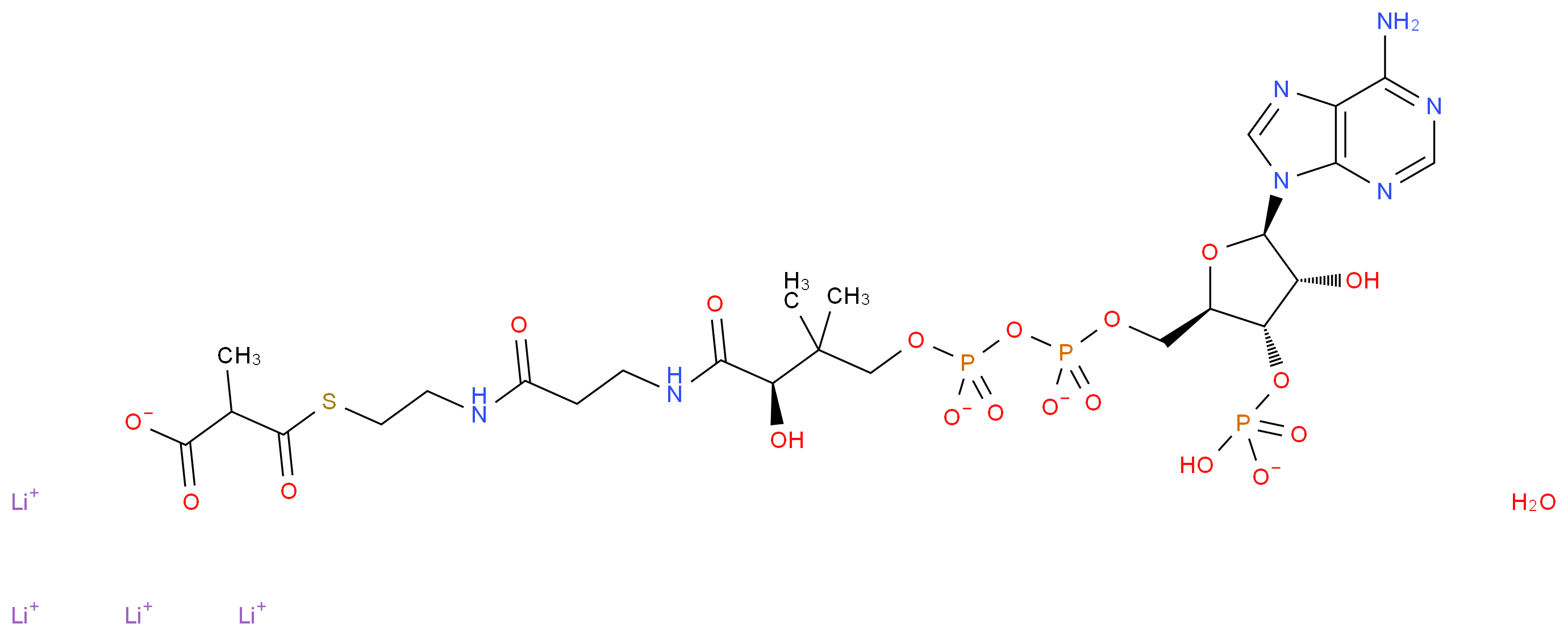 tetralithium(1+) ion 3-[(2-{3-[(2R)-4-{[({[(2R,3S,4R,5R)-5-(6-amino-9H-purin-9-yl)-3-(hydrogen phosphonatooxy)-4-hydroxyoxolan-2-yl]methyl phosphonato}oxy)phosphinato]oxy}-2-hydroxy-3,3-dimethylbutanamido]propanamido}ethyl)sulfanyl]-2-methyl-3-oxopropanoate hydrate_分子结构_CAS_104809-02-1