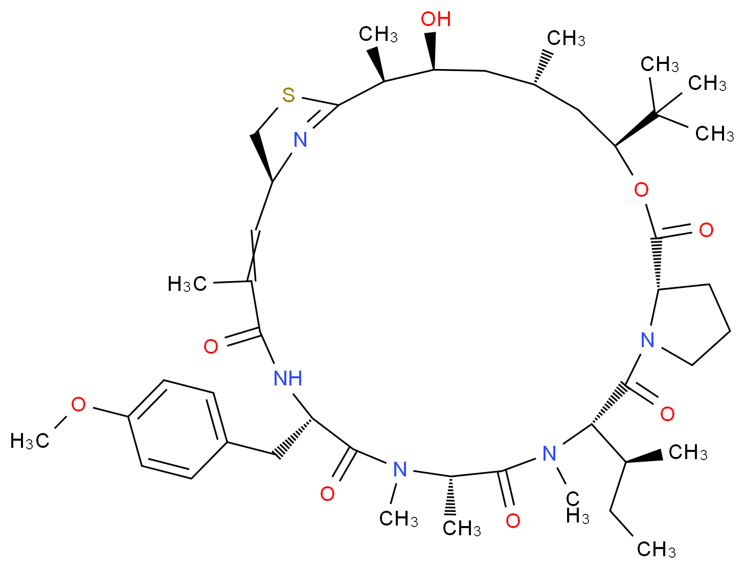 (2S,3S,5S,7S,10S,16S,19S,22S,27S)-16-[(2S)-butan-2-yl]-7-tert-butyl-3-hydroxy-22-[(4-methoxyphenyl)methyl]-2,5,17,19,20,25-hexamethyl-8-oxa-29-thia-14,17,20,23,30-pentaazatricyclo[25.2.1.0<sup>1</sup><sup>0</sup>,<sup>1</sup><sup>4</sup>]triaconta-1(30),25-diene-9,15,18,21,24-pentone_分子结构_CAS_350791-64-9