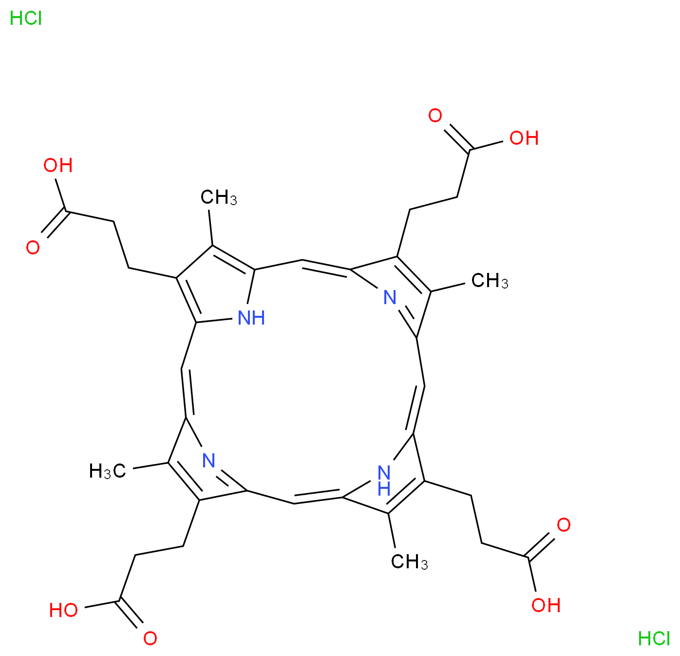 3-[9,14,19-tris(2-carboxyethyl)-5,10,15,20-tetramethyl-21,22,23,24-tetraazapentacyclo[16.2.1.1<sup>3</sup>,<sup>6</sup>.1<sup>8</sup>,<sup>1</sup><sup>1</sup>.1<sup>1</sup><sup>3</sup>,<sup>1</sup><sup>6</sup>]tetracosa-1,3,5,7,9,11(23),12,14,16,18(21),19-undecaen-4-yl]propanoic acid dihydrochloride_分子结构_CAS_69477-27-6