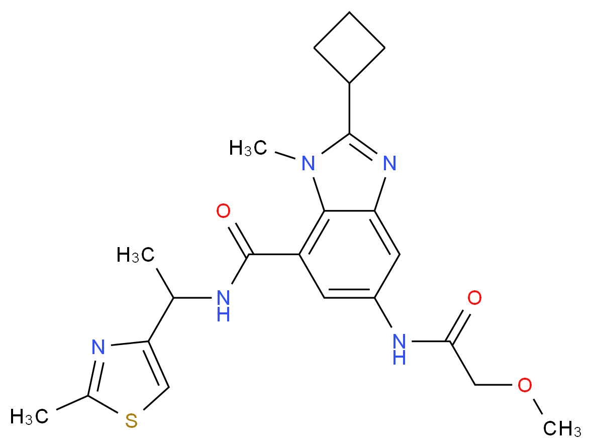 2-cyclobutyl-5-[(methoxyacetyl)amino]-1-methyl-N-[1-(2-methyl-1,3-thiazol-4-yl)ethyl]-1H-benzimidazole-7-carboxamide_分子结构_CAS_)