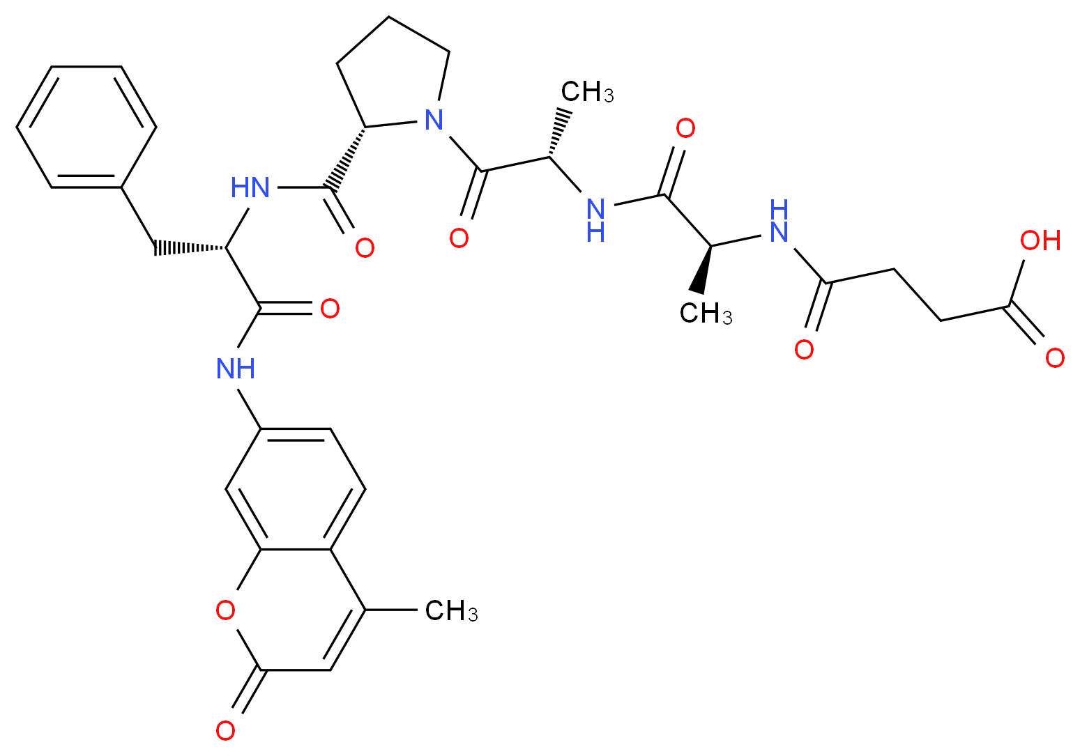 3-{[(1S)-1-{[(2S)-1-[(2S)-2-{[(1S)-1-[(4-methyl-2-oxo-2H-chromen-7-yl)carbamoyl]-2-phenylethyl]carbamoyl}pyrrolidin-1-yl]-1-oxopropan-2-yl]carbamoyl}ethyl]carbamoyl}propanoic acid_分子结构_CAS_88467-45-2