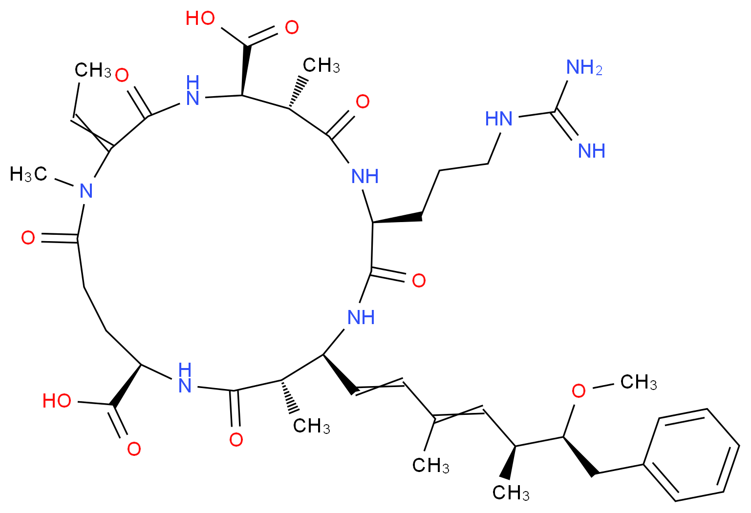 (5R,6S,9S,12S,13S,16R)-9-(3-carbamimidamidopropyl)-2-ethylidene-12-[(5S,6S)-6-methoxy-3,5-dimethyl-7-phenylhepta-1,3-dien-1-yl]-1,6,13-trimethyl-3,7,10,14,19-pentaoxo-1,4,8,11,15-pentaazacyclononadecane-5,16-dicarboxylic acid_分子结构_CAS_118399-22-7