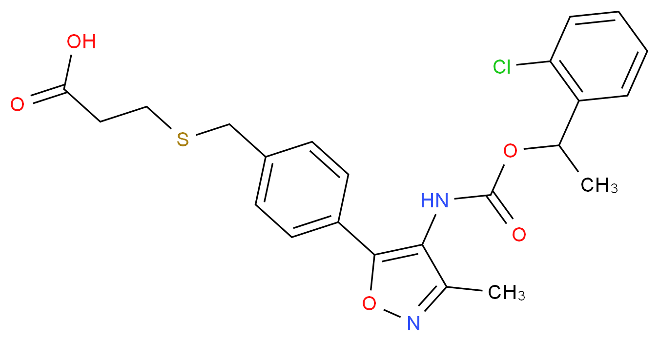 3-[({4-[4-({[1-(2-chlorophenyl)ethoxy]carbonyl}amino)-3-methyl-1,2-oxazol-5-yl]phenyl}methyl)sulfanyl]propanoic acid_分子结构_CAS_355025-24-0