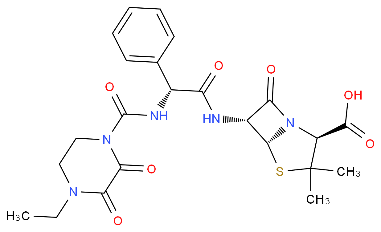 (2S,5R,6R)-6-[(2R)-2-[(4-ethyl-2,3-dioxopiperazine-1-carbonyl)amino]-2-phenylacetamido]-3,3-dimethyl-7-oxo-4-thia-1-azabicyclo[3.2.0]heptane-2-carboxylic acid_分子结构_CAS_61477-96-1