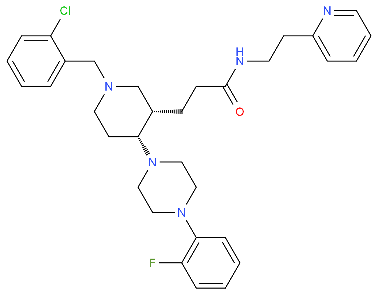 3-{(3S*,4R*)-1-(2-chlorobenzyl)-4-[4-(2-fluorophenyl)-1-piperazinyl]-3-piperidinyl}-N-[2-(2-pyridinyl)ethyl]propanamide_分子结构_CAS_)