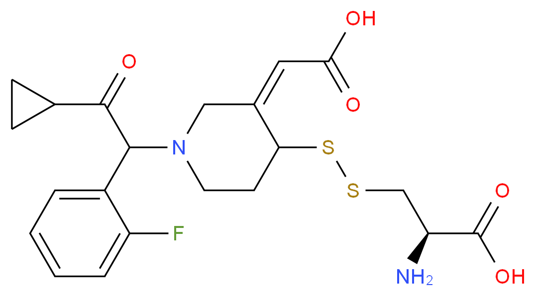 (2R)-2-amino-3-{[(3Z)-3-(carboxymethylidene)-1-[2-cyclopropyl-1-(2-fluorophenyl)-2-oxoethyl]piperidin-4-yl]disulfanyl}propanoic acid_分子结构_CAS_239466-86-5