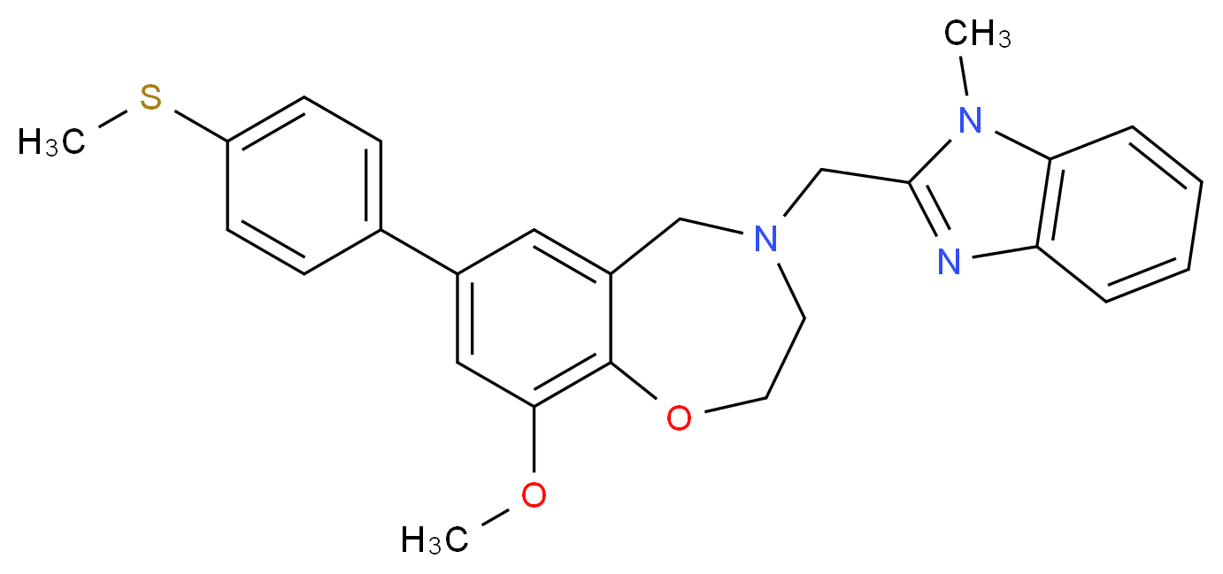 9-methoxy-4-[(1-methyl-1H-benzimidazol-2-yl)methyl]-7-[4-(methylthio)phenyl]-2,3,4,5-tetrahydro-1,4-benzoxazepine_分子结构_CAS_)