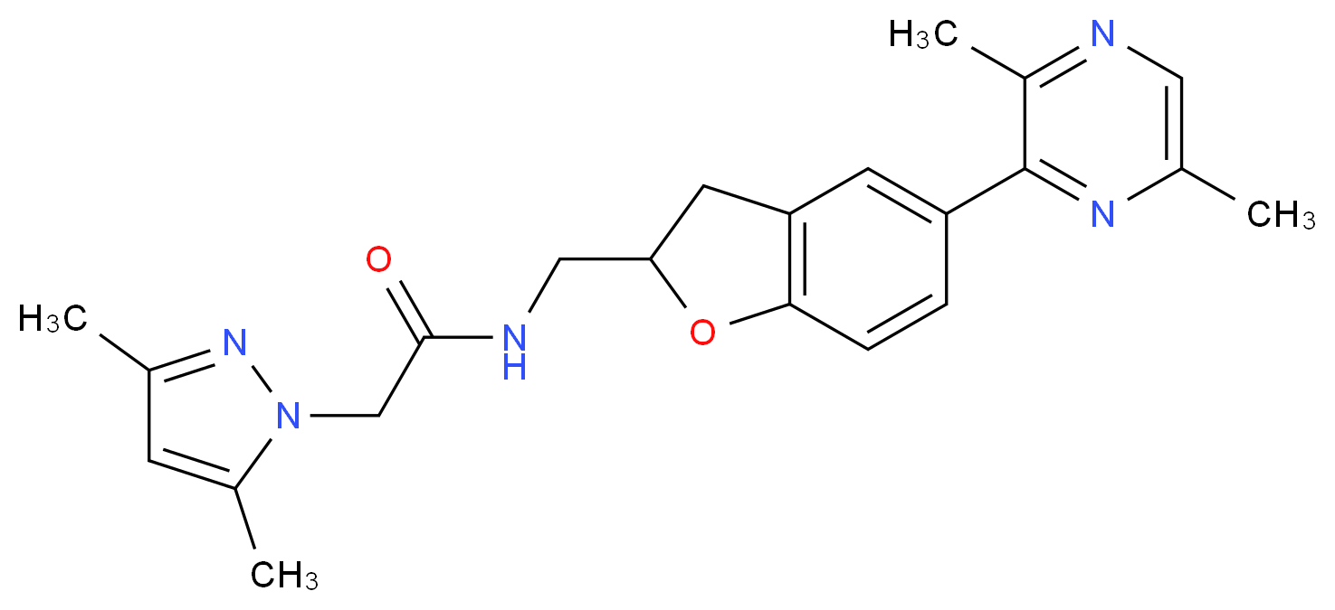 N-{[5-(3,6-dimethyl-2-pyrazinyl)-2,3-dihydro-1-benzofuran-2-yl]methyl}-2-(3,5-dimethyl-1H-pyrazol-1-yl)acetamide_分子结构_CAS_)