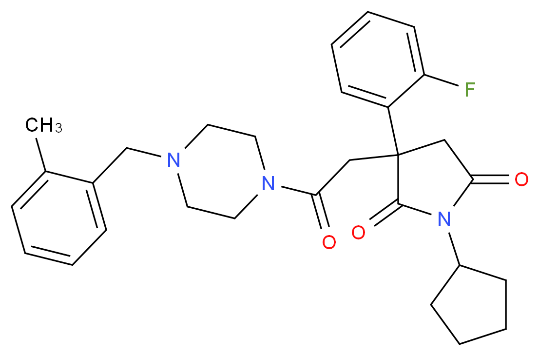 1-cyclopentyl-3-(2-fluorophenyl)-3-{2-[4-(2-methylbenzyl)-1-piperazinyl]-2-oxoethyl}-2,5-pyrrolidinedione_分子结构_CAS_)
