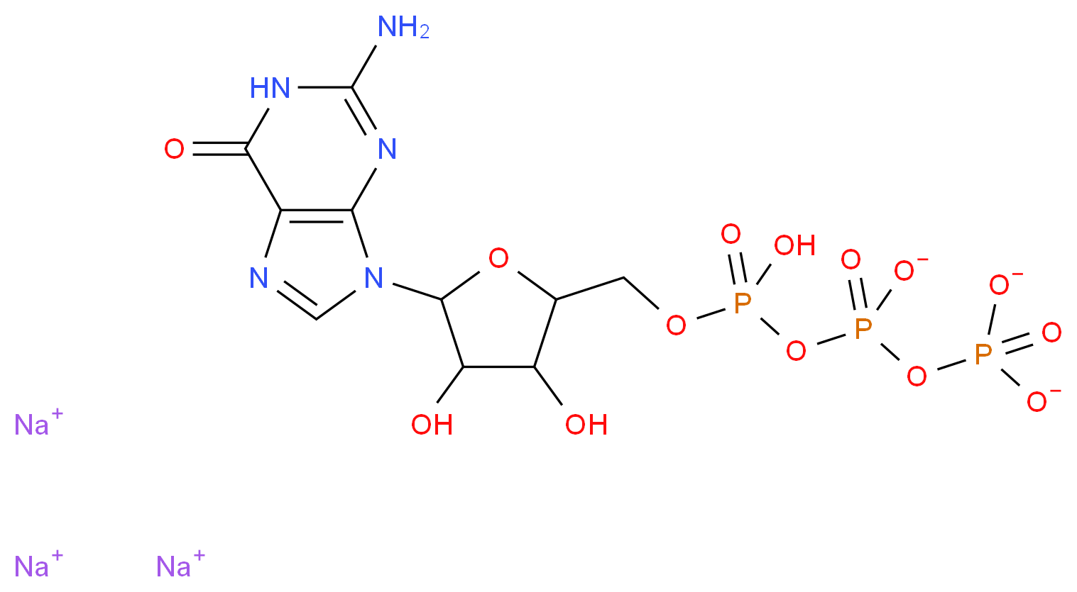 trisodium {[5-(2-amino-6-oxo-6,9-dihydro-1H-purin-9-yl)-3,4-dihydroxyoxolan-2-yl]methoxy}(hydroxy)phosphoryl (phosphonatooxy)phosphonate_分子结构_CAS_36051-31-7