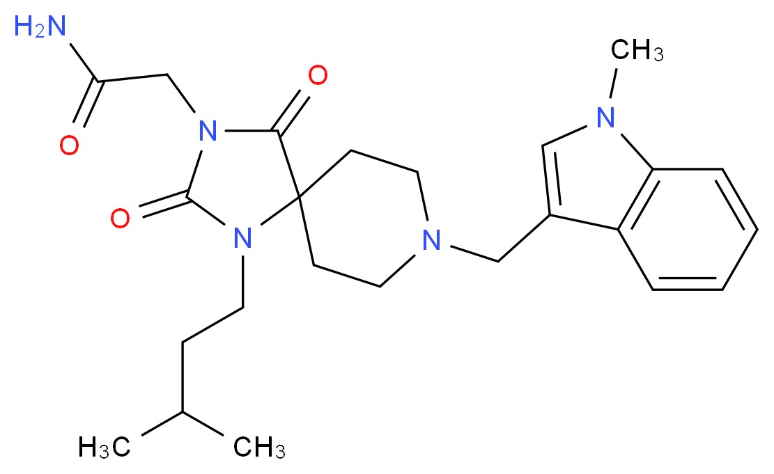 2-{1-(3-methylbutyl)-8-[(1-methyl-1H-indol-3-yl)methyl]-2,4-dioxo-1,3,8-triazaspiro[4.5]dec-3-yl}acetamide_分子结构_CAS_)