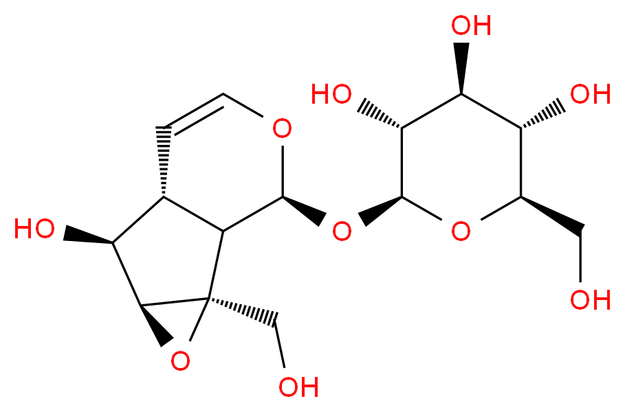 (2S,3R,4S,5S,6R)-2-{[(1S,2S,4S,5S,6R,10S)-5-hydroxy-2-(hydroxymethyl)-3,9-dioxatricyclo[4.4.0.0<sup>2</sup>,<sup>4</sup>]dec-7-en-10-yl]oxy}-6-(hydroxymethyl)oxane-3,4,5-triol_分子结构_CAS_2415-24-9