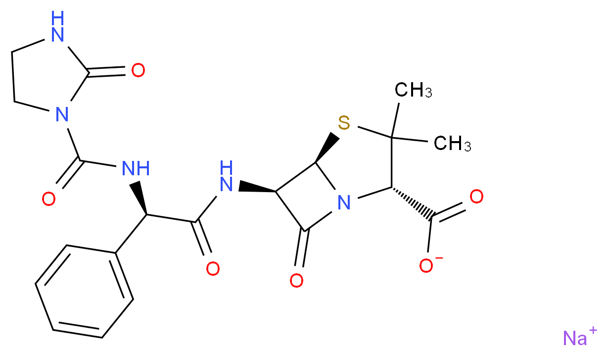 sodium (2S,5R,6R)-3,3-dimethyl-7-oxo-6-[(2R)-2-[(2-oxoimidazolidine-1-carbonyl)amino]-2-phenylacetamido]-4-thia-1-azabicyclo[3.2.0]heptane-2-carboxylate_分子结构_CAS_37091-65-9