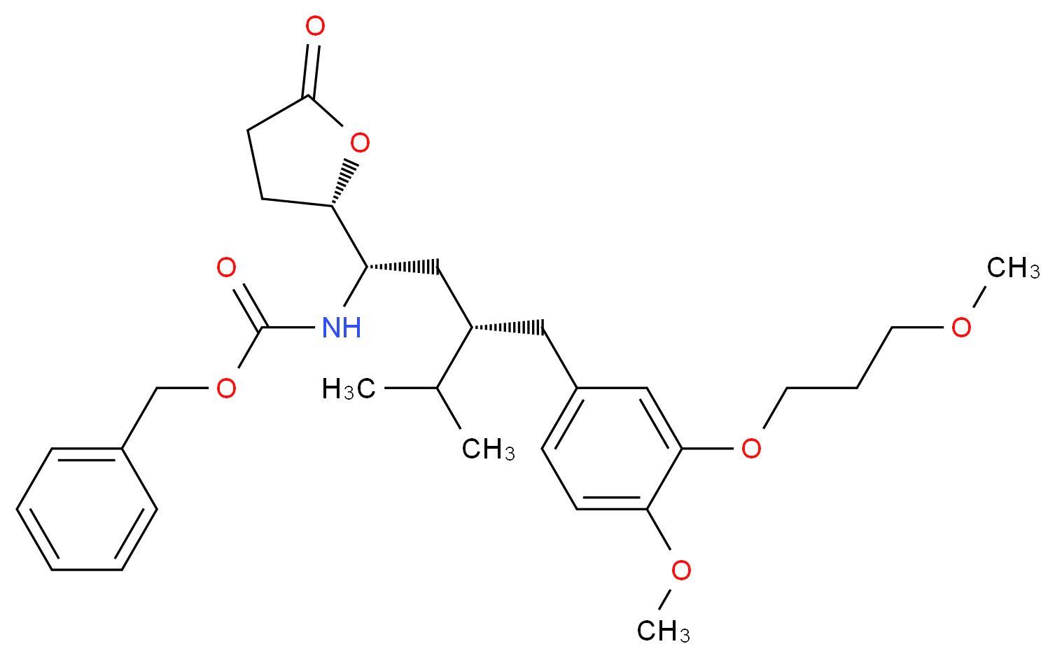 benzyl N-[(1S,3S)-3-{[4-methoxy-3-(3-methoxypropoxy)phenyl]methyl}-4-methyl-1-[(2S)-5-oxooxolan-2-yl]pentyl]carbamate_分子结构_CAS_900811-45-2