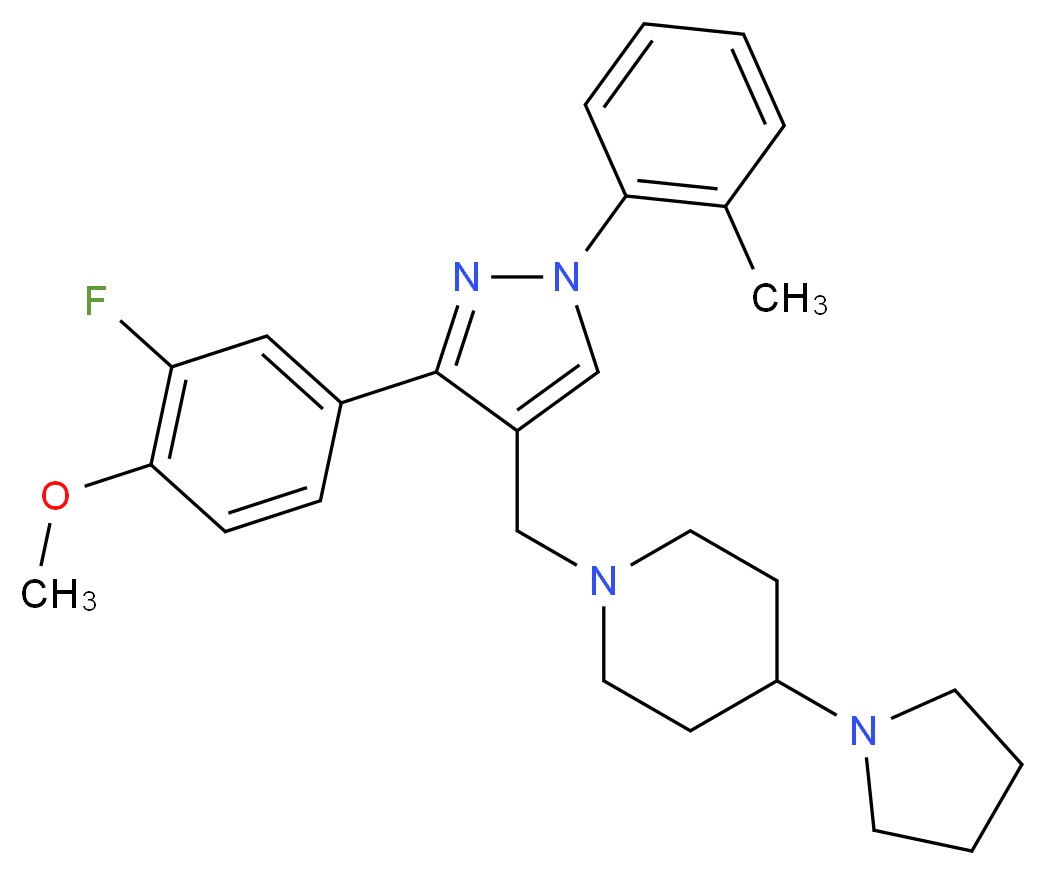 1-{[3-(3-fluoro-4-methoxyphenyl)-1-(2-methylphenyl)-1H-pyrazol-4-yl]methyl}-4-(1-pyrrolidinyl)piperidine_分子结构_CAS_)