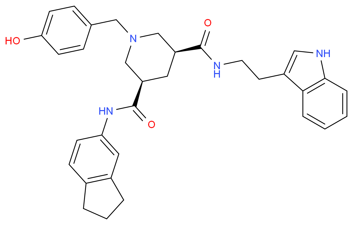 (3R,5S)-N-(2,3-dihydro-1H-inden-5-yl)-1-(4-hydroxybenzyl)-N'-[2-(1H-indol-3-yl)ethyl]-3,5-piperidinedicarboxamide_分子结构_CAS_)