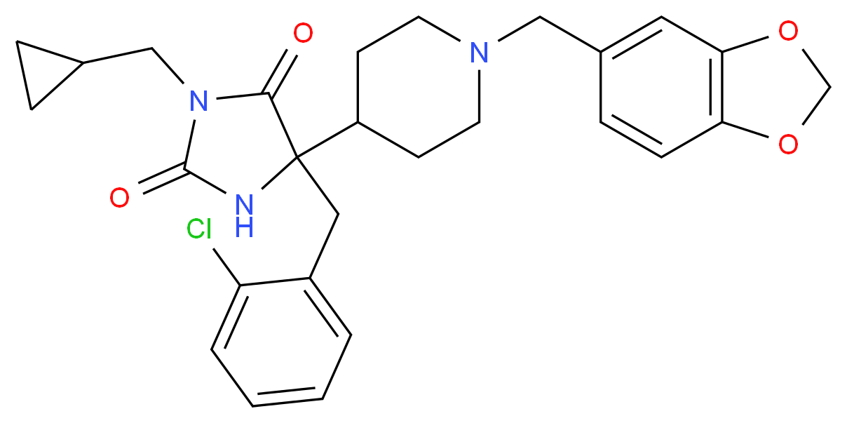5-[1-(1,3-benzodioxol-5-ylmethyl)-4-piperidinyl]-5-(2-chlorobenzyl)-3-(cyclopropylmethyl)-2,4-imidazolidinedione_分子结构_CAS_)