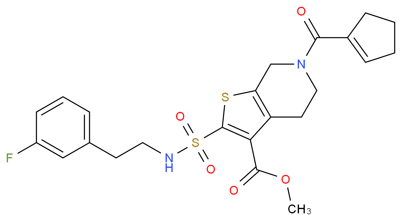 methyl 6-(1-cyclopenten-1-ylcarbonyl)-2-({[2-(3-fluorophenyl)ethyl]amino}sulfonyl)-4,5,6,7-tetrahydrothieno[2,3-c]pyridine-3-carboxylate_分子结构_CAS_)