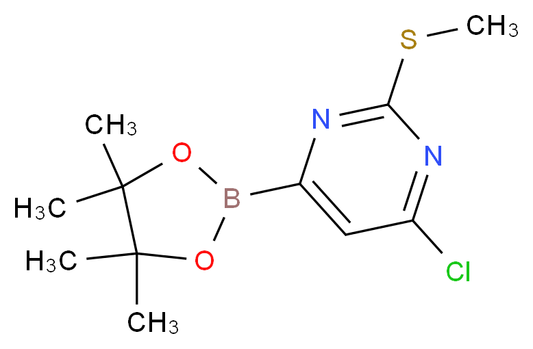 4-chloro-2-(methylsulfanyl)-6-(tetramethyl-1,3,2-dioxaborolan-2-yl)pyrimidine_分子结构_CAS_1264136-29-9