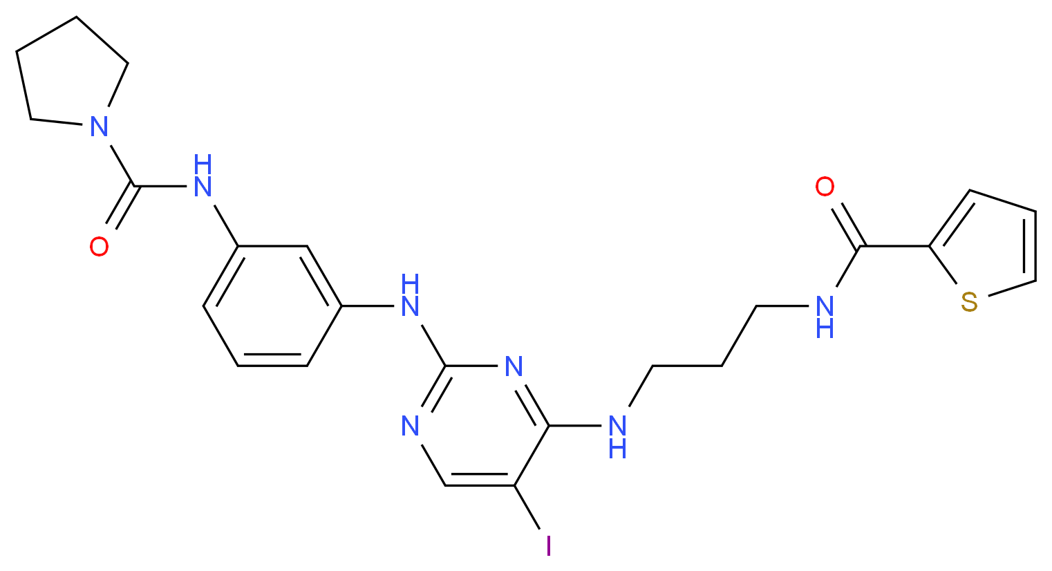N-{3-[(5-iodo-4-{[3-(thiophen-2-ylformamido)propyl]amino}pyrimidin-2-yl)amino]phenyl}pyrrolidine-1-carboxamide_分子结构_CAS_702675-74-9
