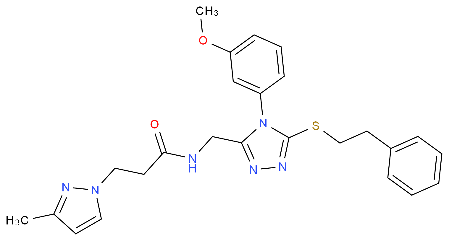 N-({4-(3-methoxyphenyl)-5-[(2-phenylethyl)thio]-4H-1,2,4-triazol-3-yl}methyl)-3-(3-methyl-1H-pyrazol-1-yl)propanamide_分子结构_CAS_)