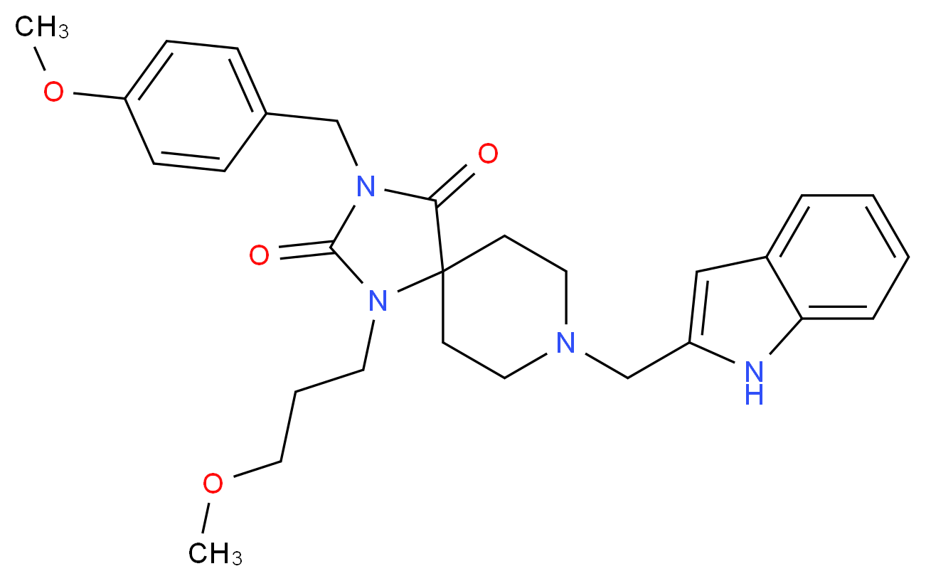 8-(1H-indol-2-ylmethyl)-3-(4-methoxybenzyl)-1-(3-methoxypropyl)-1,3,8-triazaspiro[4.5]decane-2,4-dione_分子结构_CAS_)