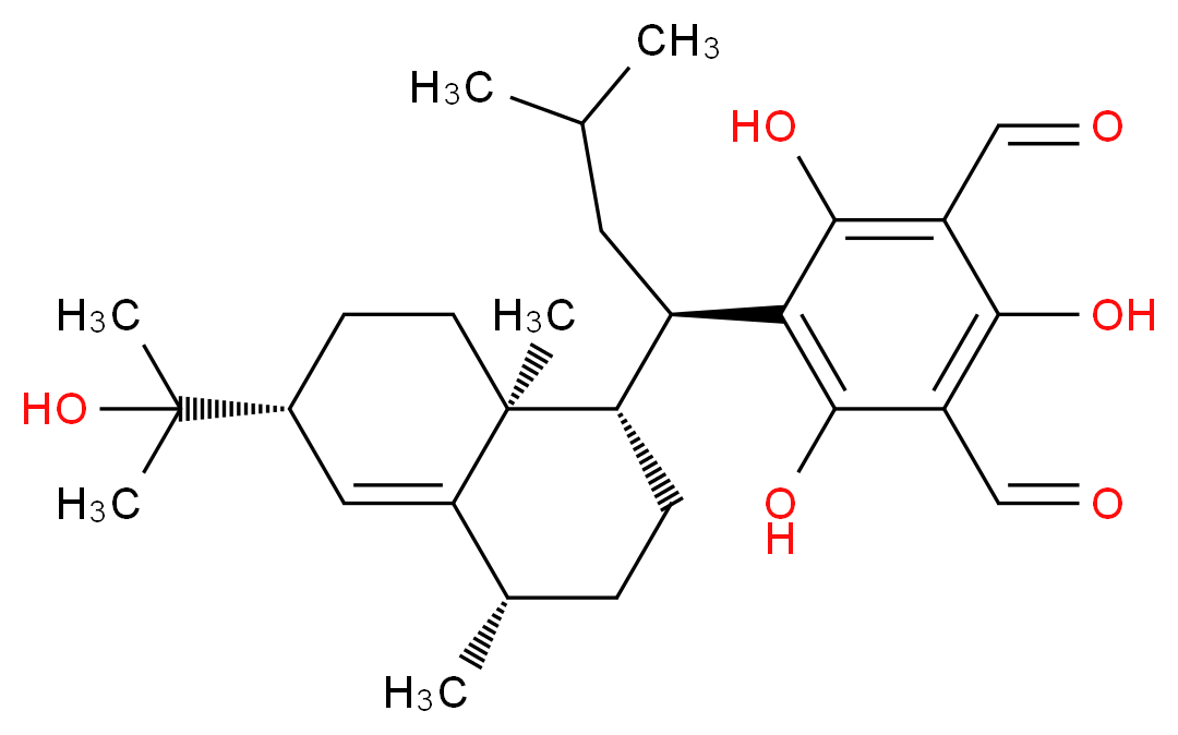 5-[(1R)-1-[(1S,4S,6R,8aS)-6-(2-hydroxypropan-2-yl)-4,8a-dimethyl-1,2,3,4,6,7,8,8a-octahydronaphthalen-1-yl]-3-methylbutyl]-2,4,6-trihydroxybenzene-1,3-dicarbaldehyde_分子结构_CAS_142628-54-4