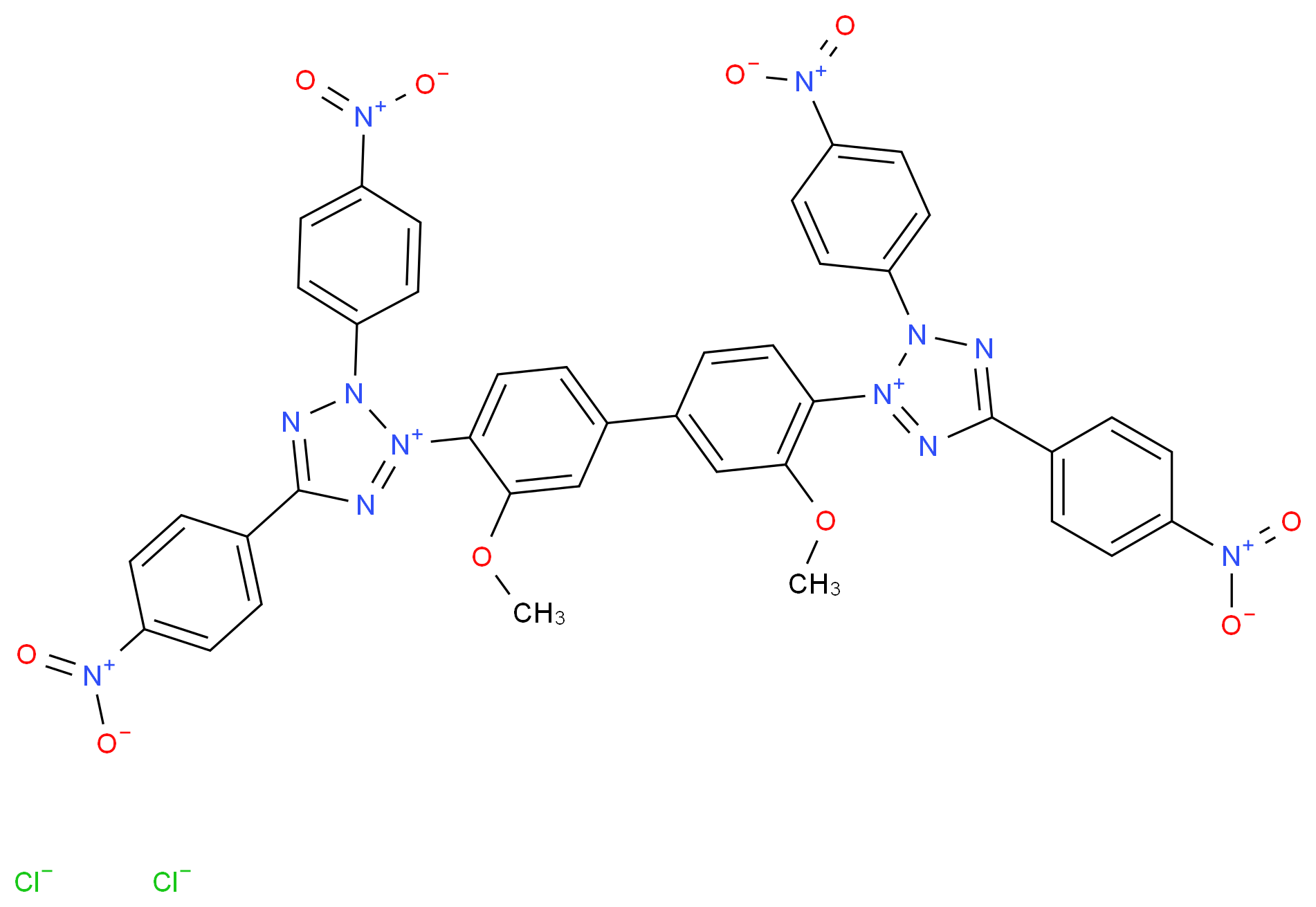 2-(4-{4-[bis(4-nitrophenyl)-3H-1,2λ<sup>5</sup>,3,4-tetrazol-2-ylium-2-yl]-3-methoxyphenyl}-2-methoxyphenyl)-3,5-bis(4-nitrophenyl)-3H-1,2λ<sup>5</sup>,3,4-tetrazol-2-ylium dichloride_分子结构_CAS_42798-98-1