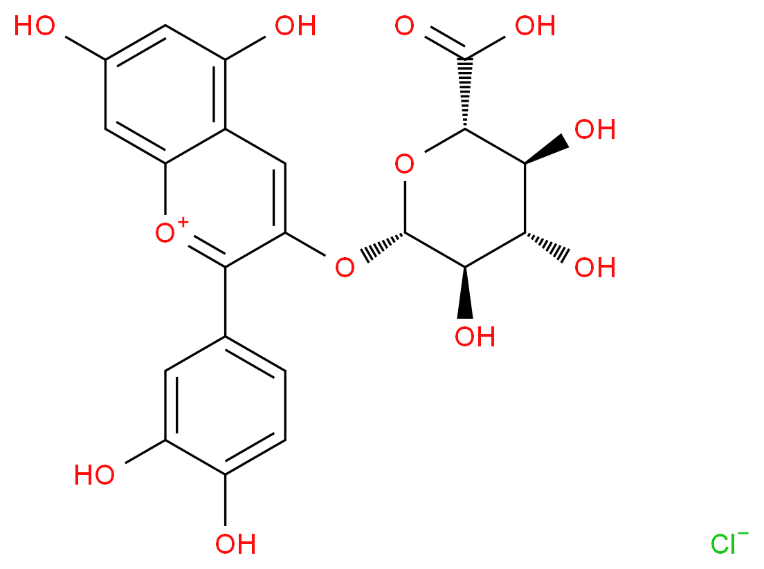 3-{[(2S,3R,4S,5S,6S)-6-carboxy-3,4,5-trihydroxyoxan-2-yl]oxy}-2-(3,4-dihydroxyphenyl)-5,7-dihydroxy-1λ<sup>4</sup>-chromen-1-ylium chloride_分子结构_CAS_683208-13-1