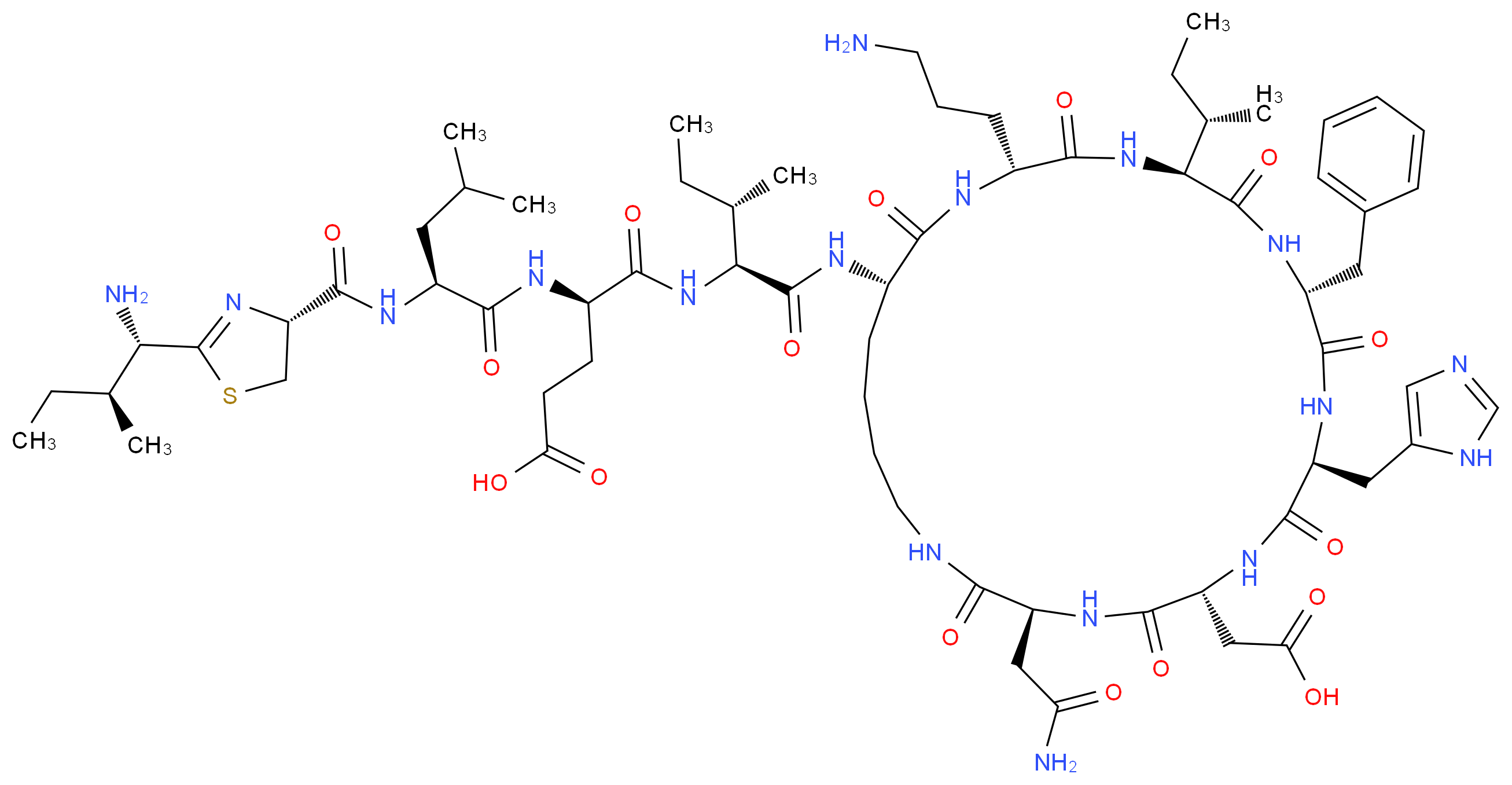 (4R)-4-[(2S)-2-{[(4R)-2-[(1S,2S)-1-amino-2-methylbutyl]-4,5-dihydro-1,3-thiazol-4-yl]formamido}-4-methylpentanamido]-4-{[(1S,2S)-1-{[(3S,6R,9S,12R,15S,18R,21S)-18-(3-aminopropyl)-12-benzyl-15-[(2S)-butan-2-yl]-3-(carbamoylmethyl)-6-(carboxymethyl)-9-(1H-imidazol-5-ylmethyl)-2,5,8,11,14,17,20-heptaoxo-1,4,7,10,13,16,19-heptaazacyclopentacosan-21-yl]carbamoyl}-2-methylbutyl]carbamoyl}butanoic acid_分子结构_CAS_22601-59-8