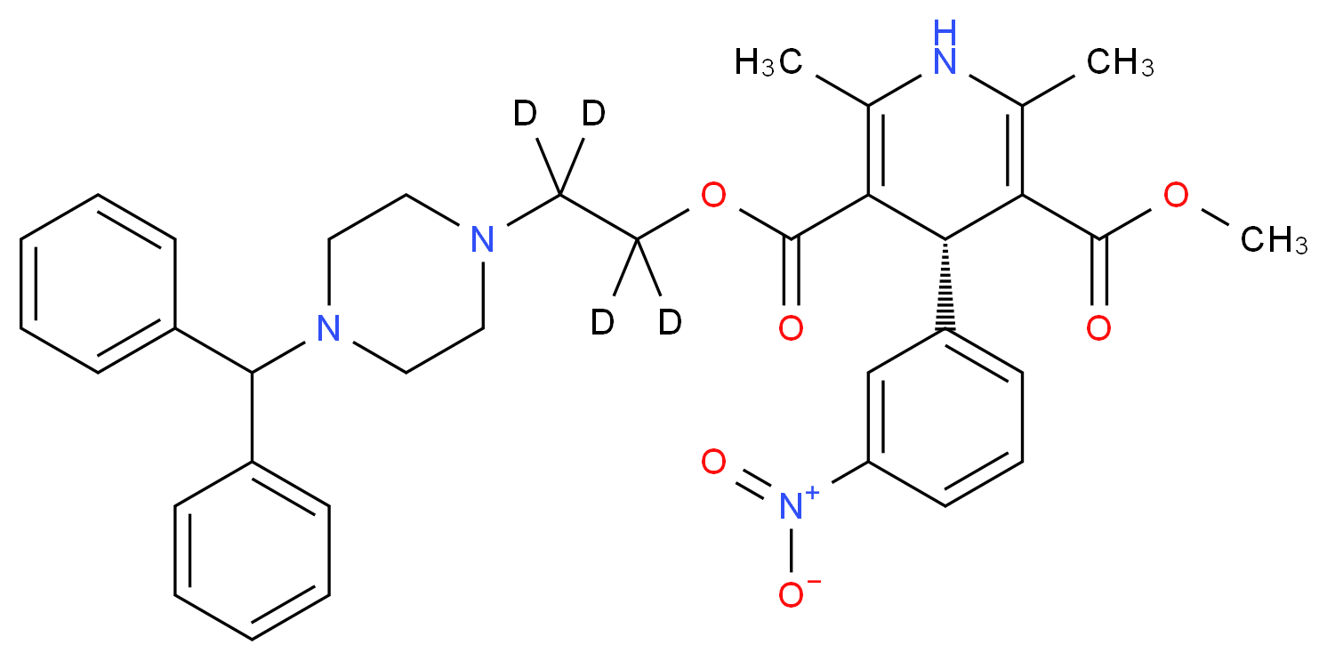 3-{2-[4-(diphenylmethyl)piperazin-1-yl](<sup>2</sup>H<sub>4</sub>)ethyl} 5-methyl (4S)-2,6-dimethyl-4-(3-nitrophenyl)-1,4-dihydropyridine-3,5-dicarboxylate_分子结构_CAS_1217836-12-8