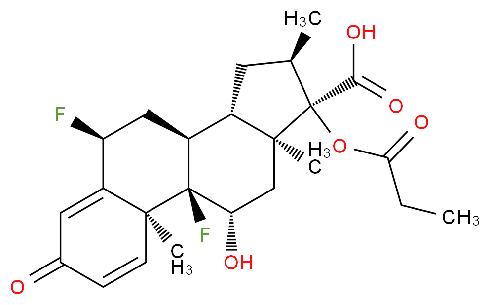 (1R,2S,8S,10S,11S,13R,14R,15S,17S)-1,8-difluoro-17-hydroxy-2,13,15-trimethyl-5-oxo-14-(propanoyloxy)tetracyclo[8.7.0.0<sup>2</sup>,<sup>7</sup>.0<sup>1</sup><sup>1</sup>,<sup>1</sup><sup>5</sup>]heptadeca-3,6-diene-14-carboxylic acid_分子结构_CAS_65429-42-7